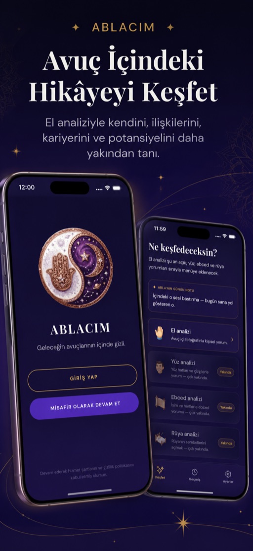Ablacım tanıtım görseli: karşılama ekranı ve özellik listesini gösteren uygulama ekranları